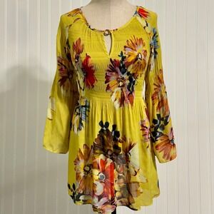 Spense Top L Yellow Floral Smocked Waist Bell Sleeve Boho Cottagecore Flowy Y2K